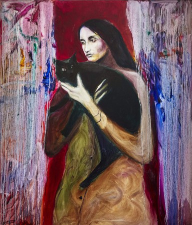 Joan Baez with black cat, 140x120cm, oil on canvas, 2019